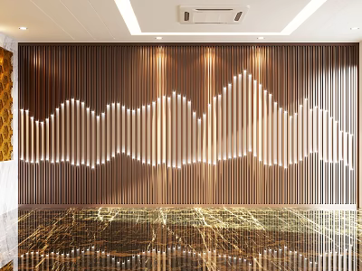 Modern Luxurious Sofa Background Wall With Wavy Wooden Strips And LED Lighting Strips 3d model