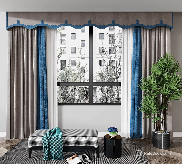 Gray And Blue Curtains With Wavy Top Design For Window Interior Decor 3d model 