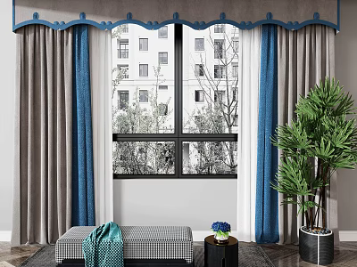 Gray And Blue Curtains With Wavy Top Design For Window Interior Decor 3d model