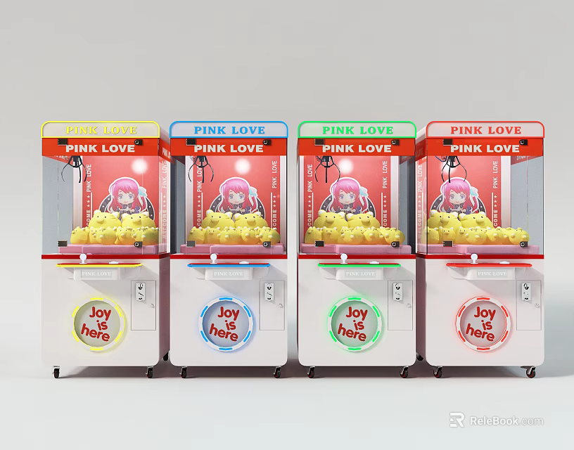 PINK LOVE Themed Arcade Claw Machines with Joy House Logos in Row 3d model 
