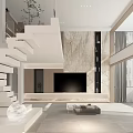 Modern Minimalist Loft Living Room Interior With Sofa And Staircase