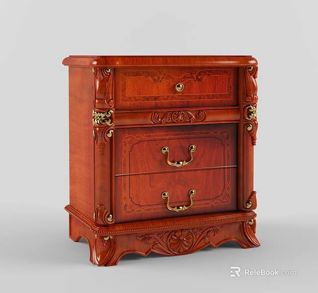 Classical Wooden Storage Cabinet With Carved Details Drawers And Metal Handles 3d model 
