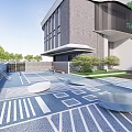 Modern Outdoor Garden Landscape With Blue White Paved Geometric Patterns And Green Trees