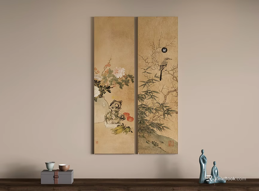 Traditional Plant Painting On Double Panel Screen With Bamboo Flowers And Bird 3d model 