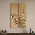 Traditional Plant Painting On Double Panel Screen With Bamboo Flowers And Bird