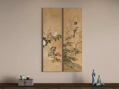 Traditional Plant Painting On Double Panel Screen With Bamboo Flowers And Bird 3d model
