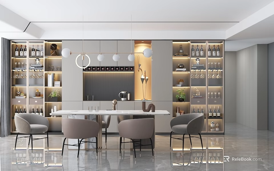 Modern Minimalist Dining Living Room With Pendant Lights White Table Grey Chairs And Wine Cabinets 3d model 