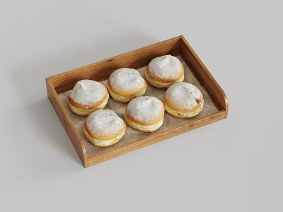 Six Fresh Donuts Covered With Powdered Sugar In Wooden Tray On Baking Paper 3d model