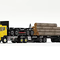 Yellow Heavy Duty Truck Transporting Logs On Multi Wheel Trailer