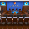 Modern Court Hearing Room Interior With Wooden Tables Chairs Blue Background And National Emblem
