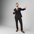 Businessman in Black Suit Gesturing with Extended Hand and Hand on Chest Against Gray Background