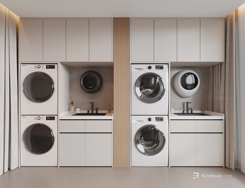 Modern Bathroom Cabinetry With White Cabinets Washing Machines Dryers Sinks And Wooden Accents 3d model 