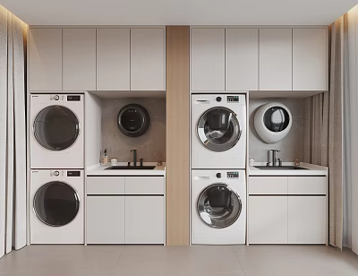 Modern Bathroom Cabinetry With White Cabinets Washing Machines Dryers Sinks And Wooden Accents 3d model