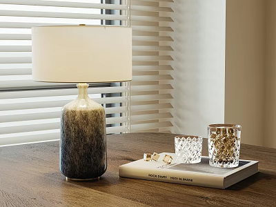 Table Lamp With Dark Gradient Ceramic Base And Light Shade On Wooden Table With Books 3d model