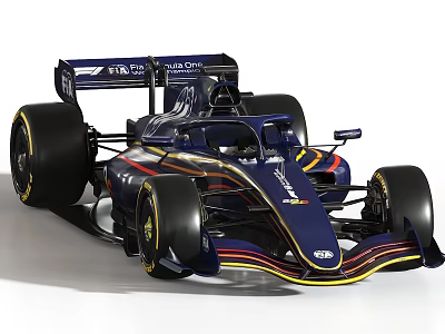 Deep Blue Race Car With Yellow And Red Stripes Rear Wing And Large Tires 3d model