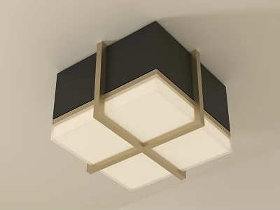 Square Modern Ceiling Light With Black And Gold Frame And White Lampshade 3d model