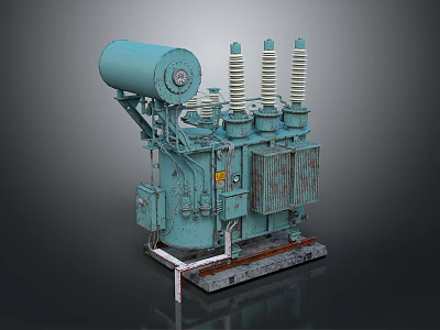 Industrial Teal Colored Power Transformer With Insulation Bushings And Base Structure 3d model