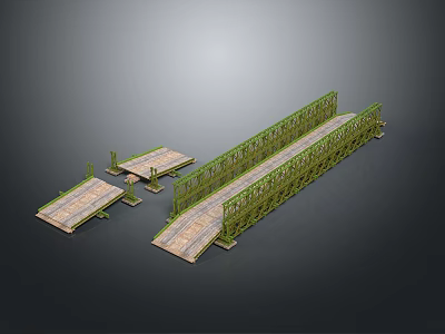 Bridge Structure With Green Railings Wooden Planks And Adjacent Side Platforms Design 3d model
