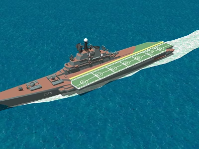 Military Warship Sailing Through Calm Blue Sea with Extended Flight Deck and Antenna Structures 3d model