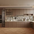Modern Kitchen Interior With Wooden Cabinets Patterned Tile Backsplash Black Appliances And Herringbone Flooring