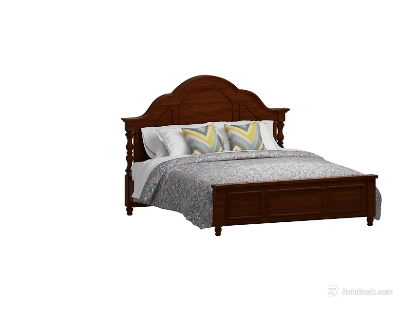 Classic Brown Wooden Double Bed With Decorative Pillows And Patterned Quilt 3d model