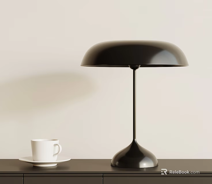 Modern Black Table Lamp With Round Shade Curved Base And White Cup On Dark Table 3d model 