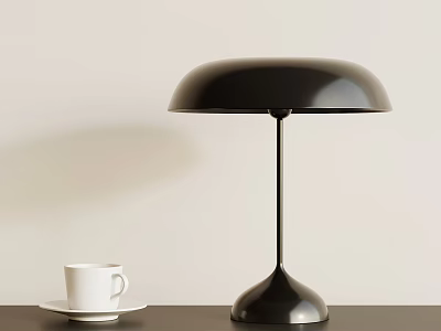 Modern Black Table Lamp With Round Shade Curved Base And White Cup On Dark Table 3d model