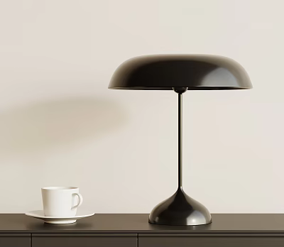 Modern Black Table Lamp With Round Shade Curved Base And White Cup On Dark Table 3d model