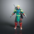 Game and Movie Character With Blonde Hair Green Blue Outfit Sword On Back And Armor