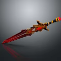 Red And Golden Mythical Sword With Intricate Ornate Design And Decorative Hilt
