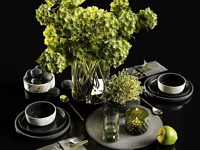 Elegant Decorative Ornament Set with Hydrangea Vase Black Stones Candle Apple and Tableware 3d model