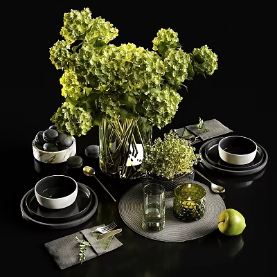 Elegant Decorative Ornament Set with Hydrangea Vase Black Stones Candle Apple and Tableware 3d model