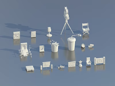White Miniature Film Props Collection With Camera Chair And Equipment Models 3d model