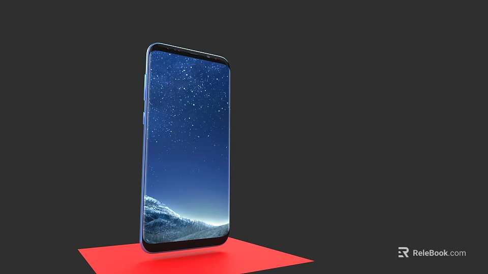 Modern Blue Smartphone Displaying Starry Sky Mountain Wallpaper On Red Platform 3d model 