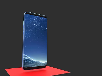 Modern Blue Smartphone Displaying Starry Sky Mountain Wallpaper On Red Platform 3d model