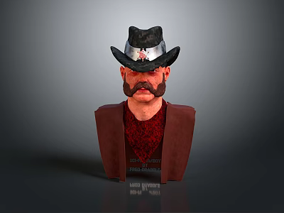 Realistic Male Character Bust With Black Hat Mustache Brown Vest And Red Shirt 3d model