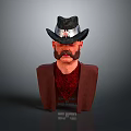 Realistic Male Character Bust With Black Hat Mustache Brown Vest And Red Shirt