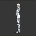 Futuristic female character in blue and white tech suit with small device on floor