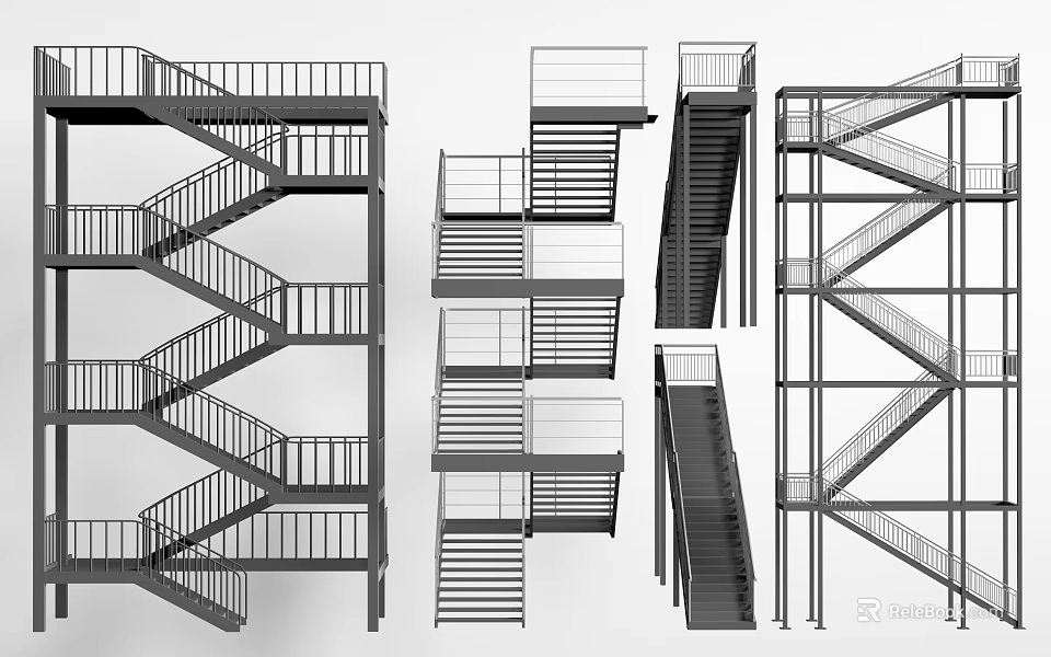 Modern Staircase Design Collection With Metal Frame And Railing Details 3d model