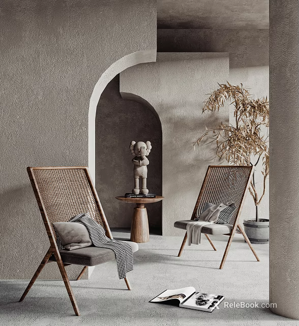 Cozy Wicker Chairs With Small Round Table And Sculpture In Arched Interior 3d model 