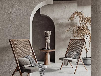 Cozy Wicker Chairs With Small Round Table And Sculpture In Arched Interior 3d model