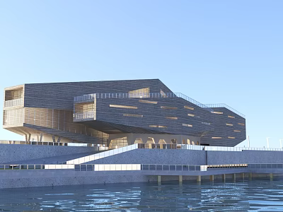 Modern Waterfront Building With Wood Textured Panels Multiple Levels And Balconies 3d model