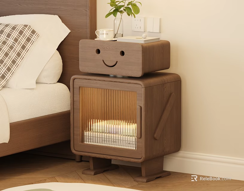 Wooden Robot Shaped Nightstand With Smiley Face Transparent Lower Section And Small Plant 3d model 