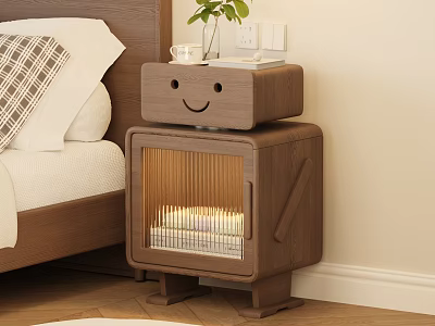 Wooden Robot Shaped Nightstand With Smiley Face Transparent Lower Section And Small Plant 3d model