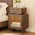 Wooden Robot Shaped Nightstand With Smiley Face Transparent Lower Section And Small Plant