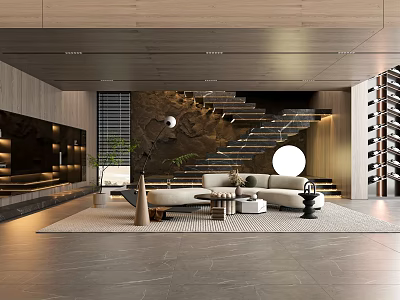 Modern Living Room Interior Design With Sofa Staircase Green Plant And Circular Wooden Decor 3d model
