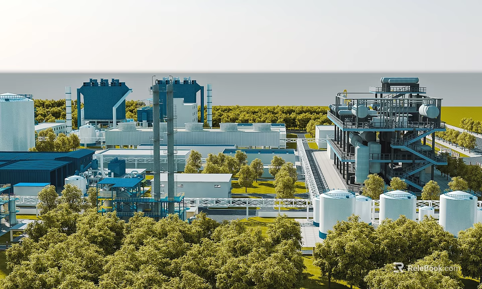 Industrial Plant Facility With Storage Tanks Tall Towers And Green Trees Near Seaside 3d model 
