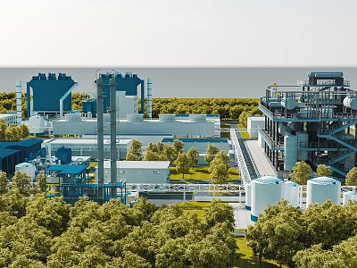 Industrial Plant Facility With Storage Tanks Tall Towers And Green Trees Near Seaside 3d model