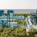 Industrial Plant Facility With Storage Tanks Tall Towers And Green Trees Near Seaside