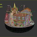 Miniature Cartoon Town Scene with Red Roof Buildings Street Lamps and Bus